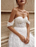 Off Shoulder Sweetheart Neck Beaded Ivory Lace Wedding Dress